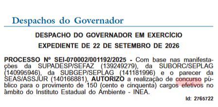 Despacho do governador que autoriza o Concurso INEA RJ
