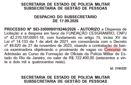 Concurso PMERJ Oficial: Cesgranrio é oficializada como banca