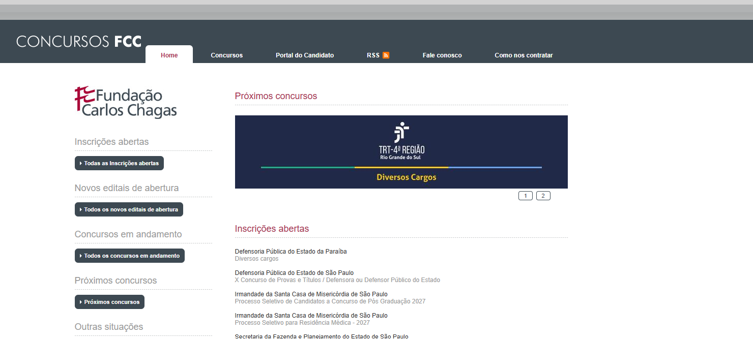 Página da FCC com o TRT 4 entre os próximos concursos