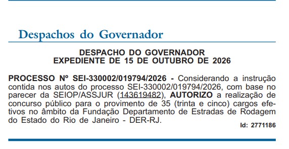 Despacho que autoriza o concurso DER RJ para 35 cargos efetivos
