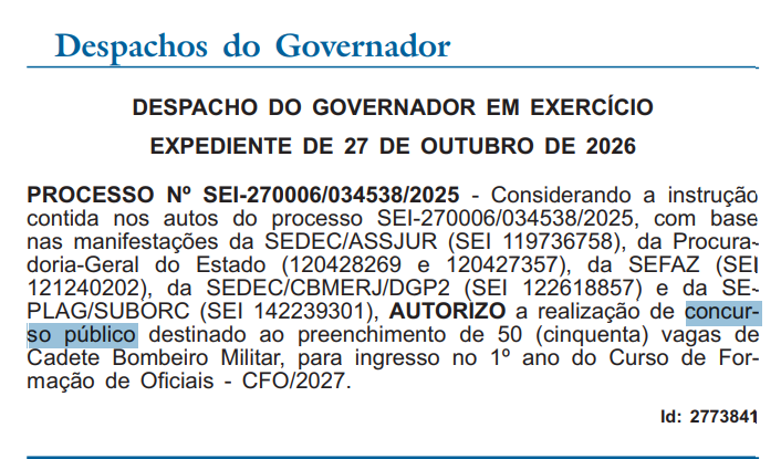 Concurso Bombeiros RJ Oficial: Autorização